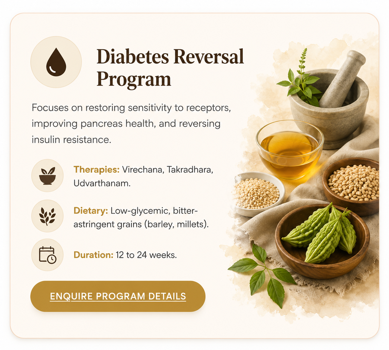 Diabetes Reversal Program - Virechana, Takradhara, Udvarthanam. 12 to 24 weeks.